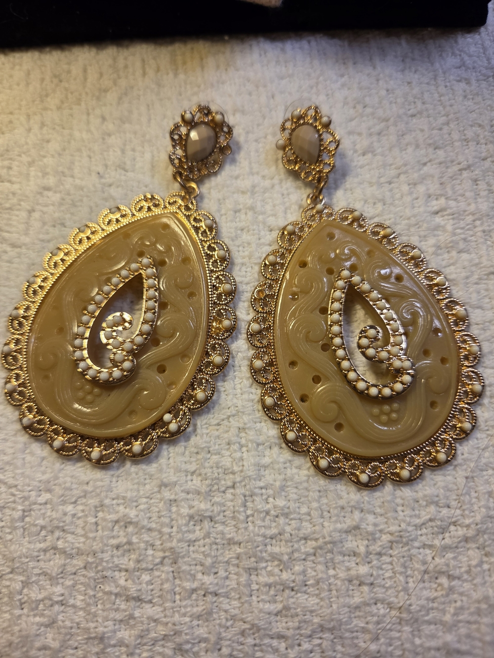 Gold Filigree Teardrop Earrings with Beige Inlay 3 Inches Long